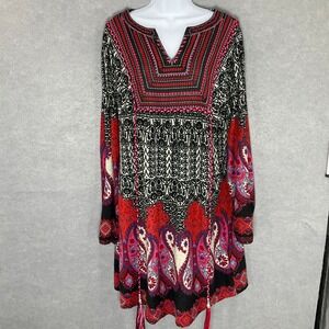 Urban Nomad Bohemian Dress Paisley Print V-Neck Embroidery‎ Tassels Tunic L/XL